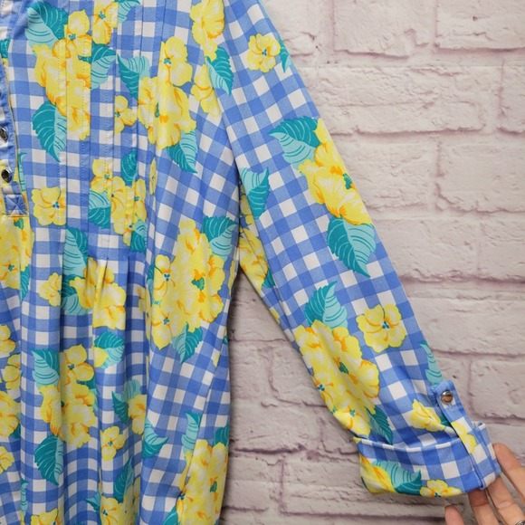 Kim Rogers Retro Floral Button Blouse Womens XL Gingham Cottagecore Coastal‎ - Picture 4 of 8